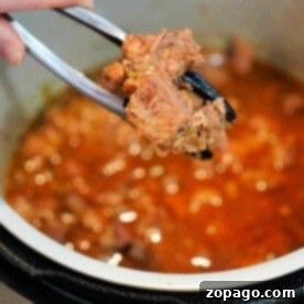A close-up shows a hand holding metal tongs with a piece of succulent carnitas above a pot brimming with meat in a rich, red sauce. The pot appears to be part of a pressure cooker, ensuring the flavors meld perfectly.