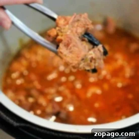 A close-up shows a hand holding metal tongs with a piece of succulent carnitas above a pot brimming with meat in a rich, red sauce. The pot appears to be part of a pressure cooker, ensuring the flavors meld perfectly.