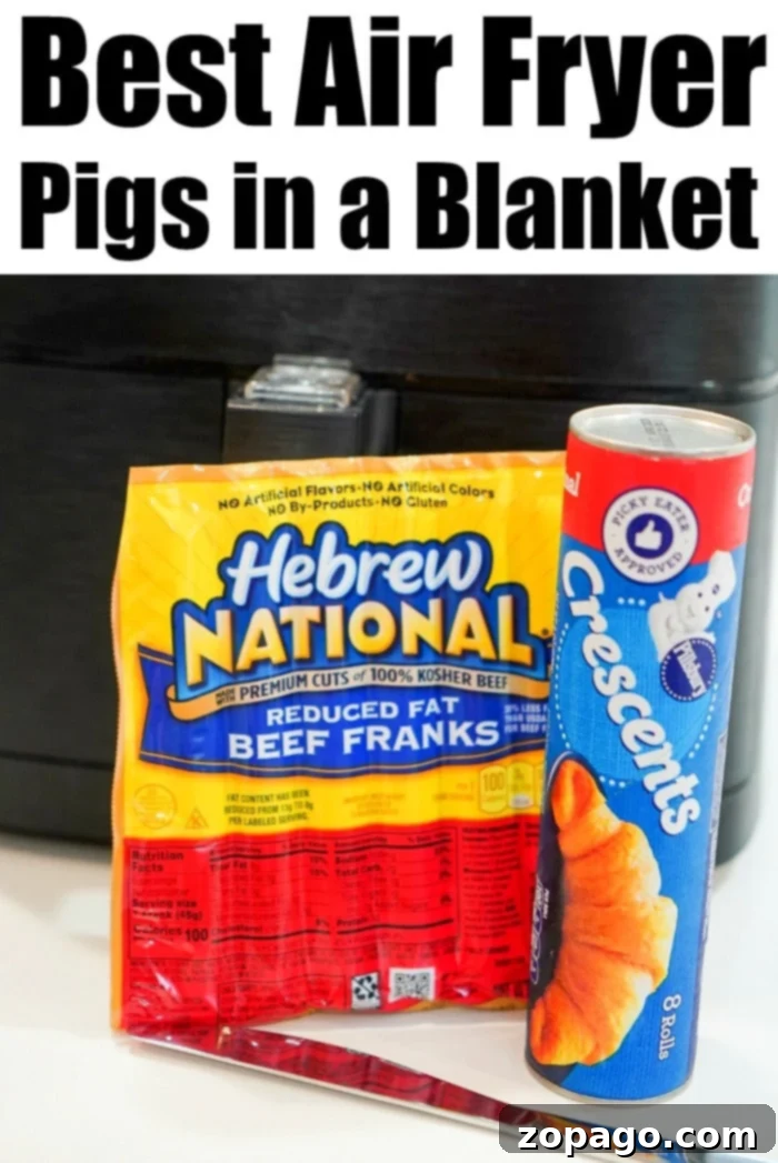 Perfectly Crispy Air Fryer Pigs in a Blanket 3 Ingredients for Air Fryer Pigs in a Blanket: a package of Hebrew National reduced-fat beef franks, Pillsbury Crescent rolls, and a black air fryer in the background.