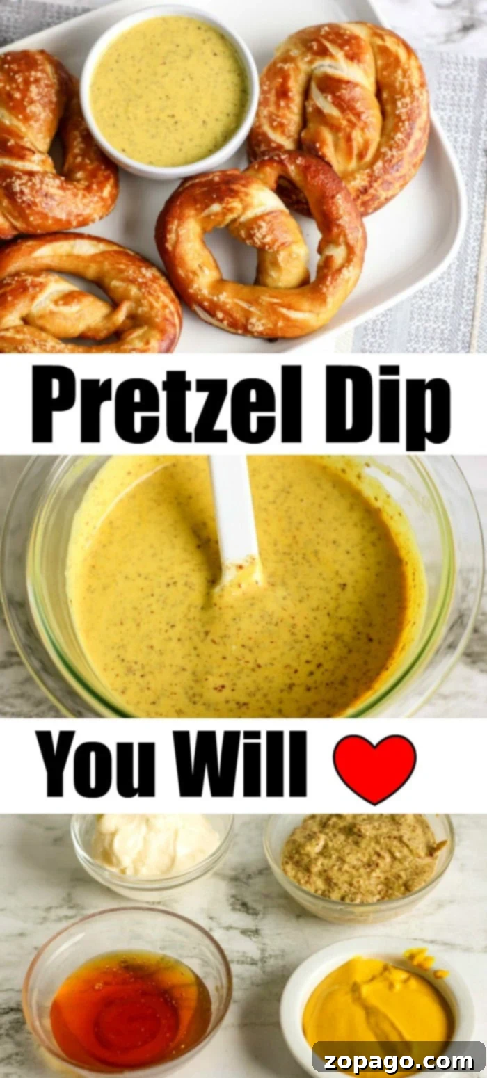 This mustard pretzel dip sauce has just 4 ingredients and is a salty sweet addition to your homemade soft pretzels. Beware, it is addicting! #pretzels #dip #sauce #mustard A perfectly golden, homemade pretzel adorned with salt crystals, ready to be dipped into a luscious honey mustard sauce.