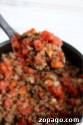 A spoonful of cooked ground beef with diced tomatoes and red peppers, reminiscent of an unstuffed cabbage casserole, is served over a pan filled with the same savory mixture.