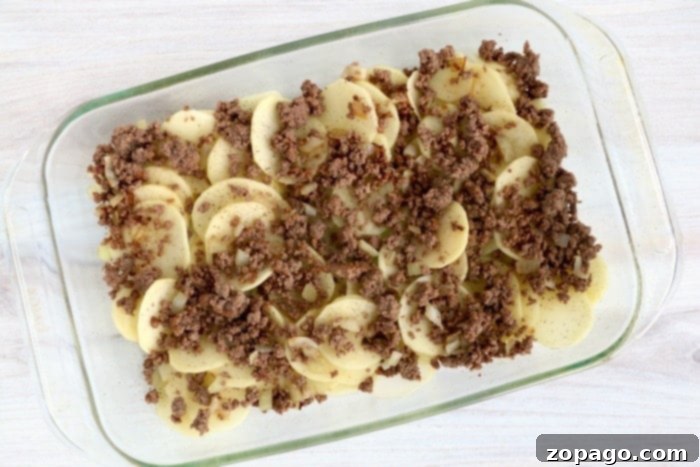 Hearty Ground Beef and Potato Bake 6 Close-up of ground beef and potatoes layered in a baking dish
