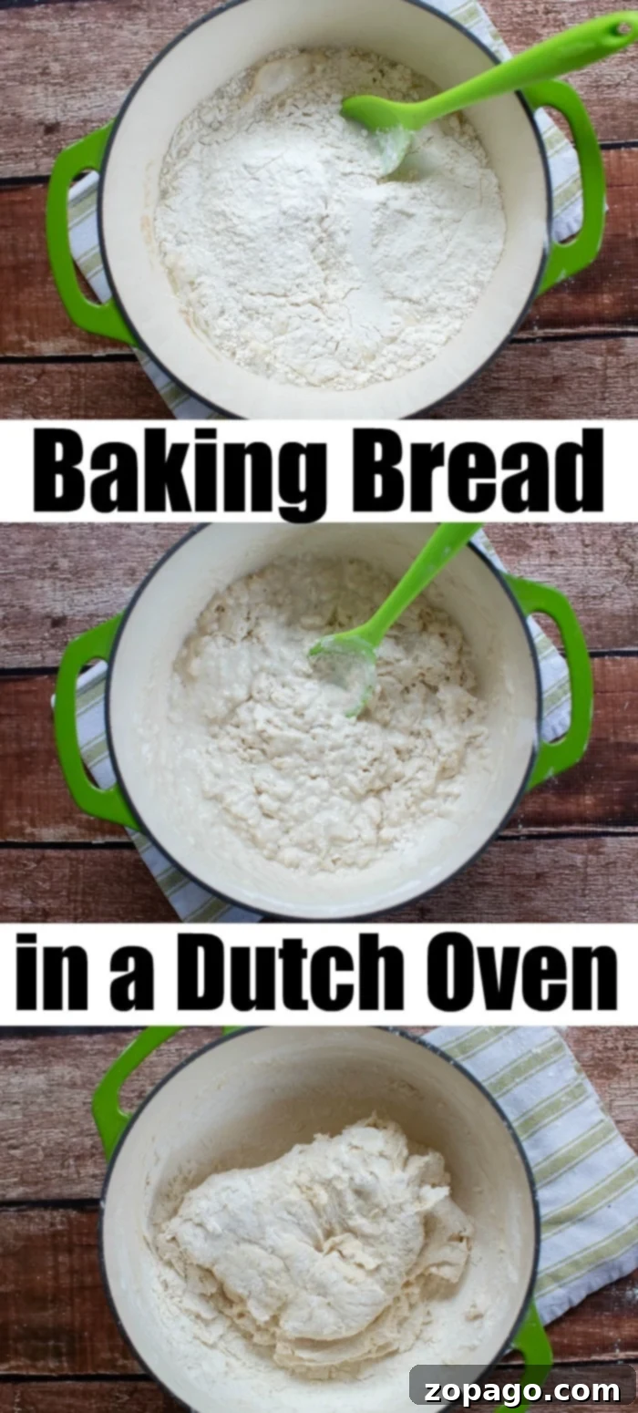 Baking bread in a dutch oven is easier than you'd think! With just a few ingredients mixed together right in your pot you'll have homemade bread in no time. how to bake bread in a dutch oven, showing dough being placed into the pot