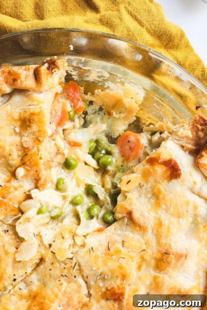 From-Scratch Leftover Turkey Pot Pie 2 Homemade leftover turkey pot pie with a flaky golden crust, ready to serve.