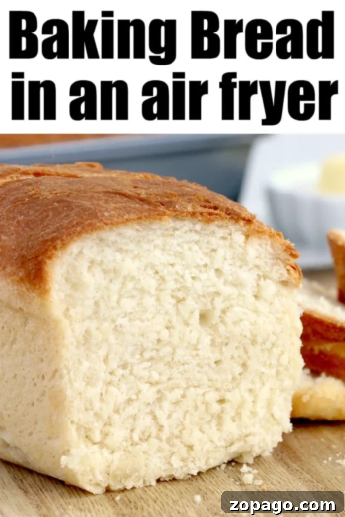 Homemade Air fryer bread is easy to make with just 6 ingredients and very little kneading required. Perfectly fluffy white bread done in no time. Golden brown air fryer bread loaf with a perfectly crispy crust and soft interior, ready to be sliced.