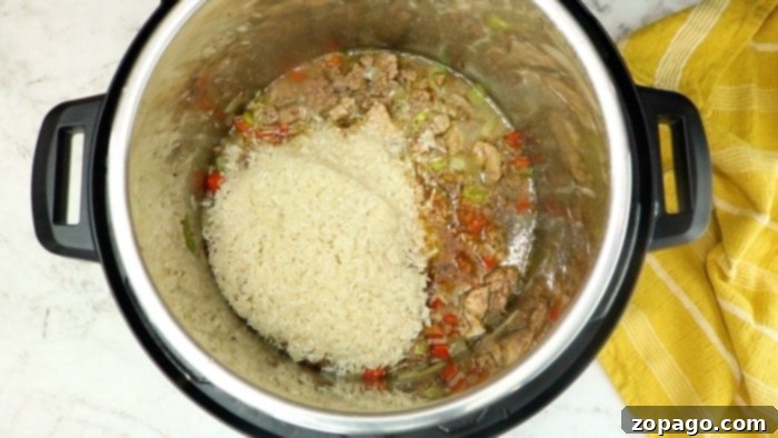 A full pot of pressure cooker Ground Beef and Rice, rich and steamy, ready to be served.
