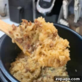 A wooden spoon scoops up instant pot ground beef and rice from a pot, with a kitchen appliance in the background.