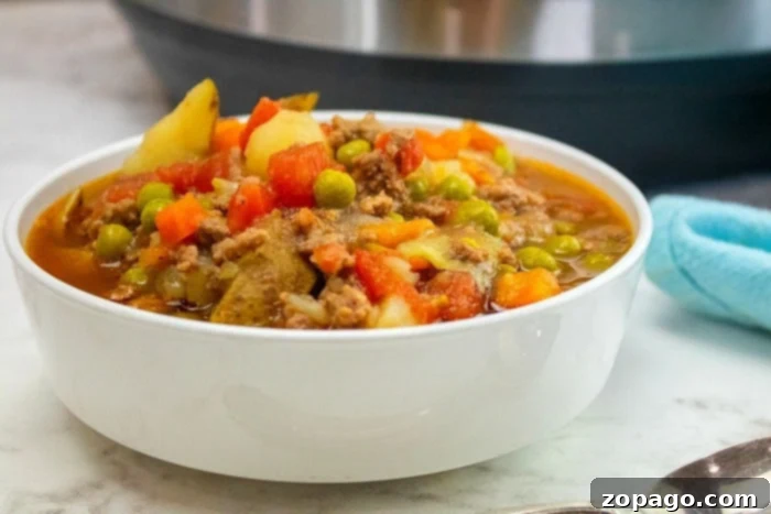 Hearty Instant Pot Burger Soup 4 Close-up of a hearty ground beef soup, rich with flavor and texture.