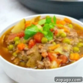Hearty Instant Pot Burger Soup 5 A bowl of Instant Pot beef stew with potatoes, peas, and carrots is topped with fresh parsley, reminiscent of a hearty hamburger soup.