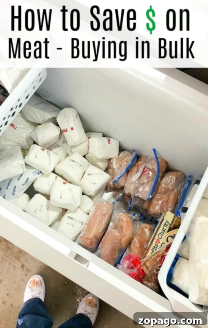 Meal Prep 4 Open freezer filled with meats wrapped in white paper and plastic bags, highlighting the perks of choosing to buy bulk meat online for cost-effective meal planning.