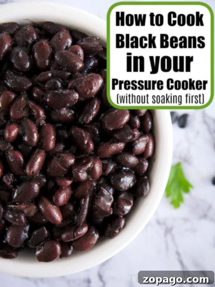 Meal Prep 6 A bowl of cooked black beans rests on a marble surface, perfect for batch cooking. A text overlay reads, "How to Cook Black Beans in your Pressure Cooker (without soaking first)." A sprig of cilantro is visible beside the bowl, hinting at fresh flavors.