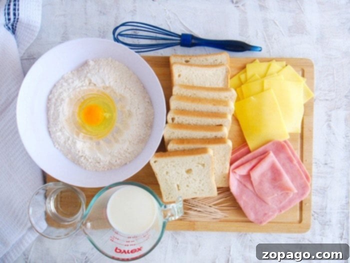 Crispy Air Fryer Monte Cristo 2 How to make a Monte Cristo sandwich with ingredients laid out