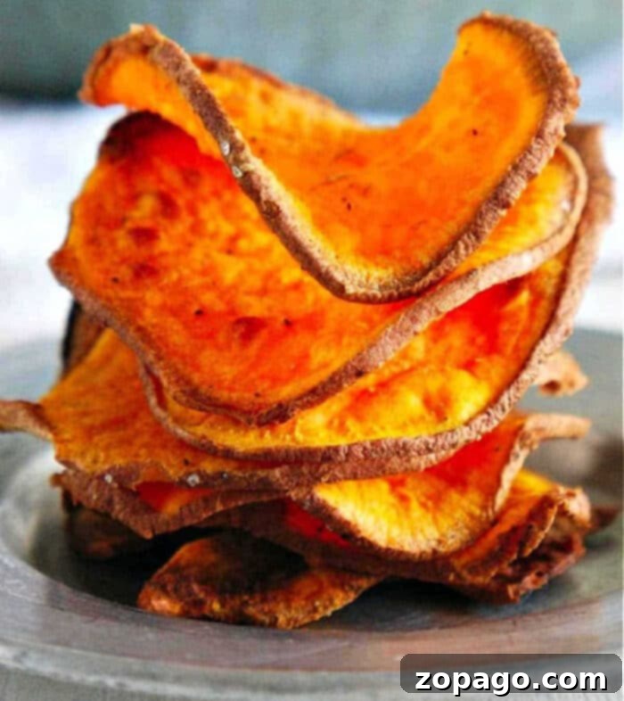 Crispy Air Fryer Sweet Potato Chips 2 A stack of golden, crispy sweet potato chips, freshly made in an air fryer, arranged beautifully on a plate.