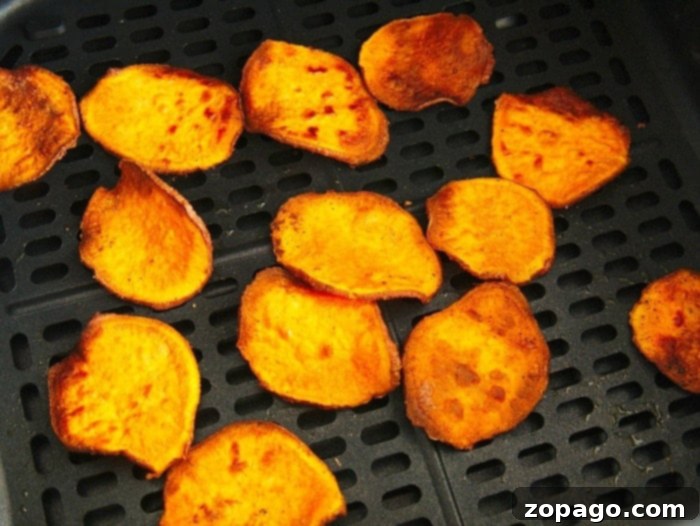 Crispy Air Fryer Sweet Potato Chips 7 A basket of golden brown air fryer chips, perfectly cooked and ready to be enjoyed.