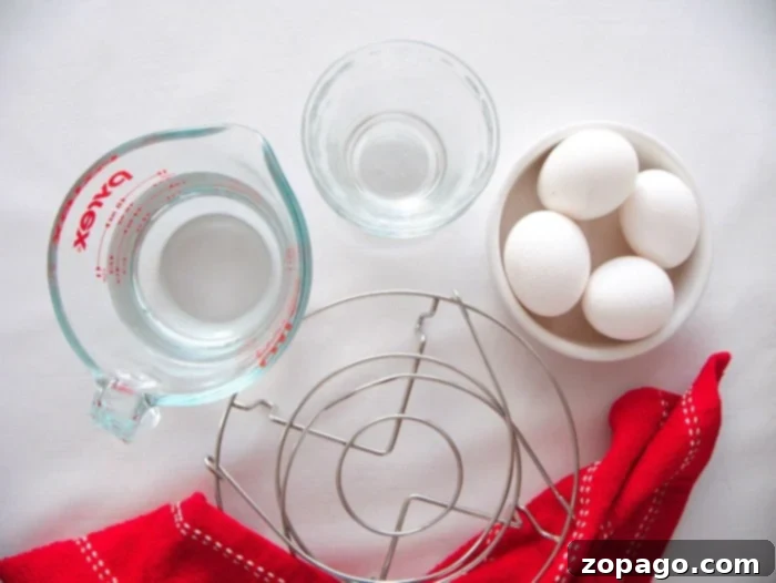 Foolproof Instant Pot Poached Eggs 5 Various kitchen utensils and fresh eggs on a wooden board, ready for an Instant Pot recipe.