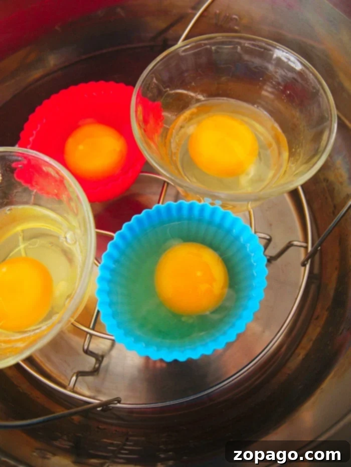 Foolproof Instant Pot Poached Eggs 6 Close-up of a perfectly soft-boiled egg in a silicone cup, showcasing a runny yolk.