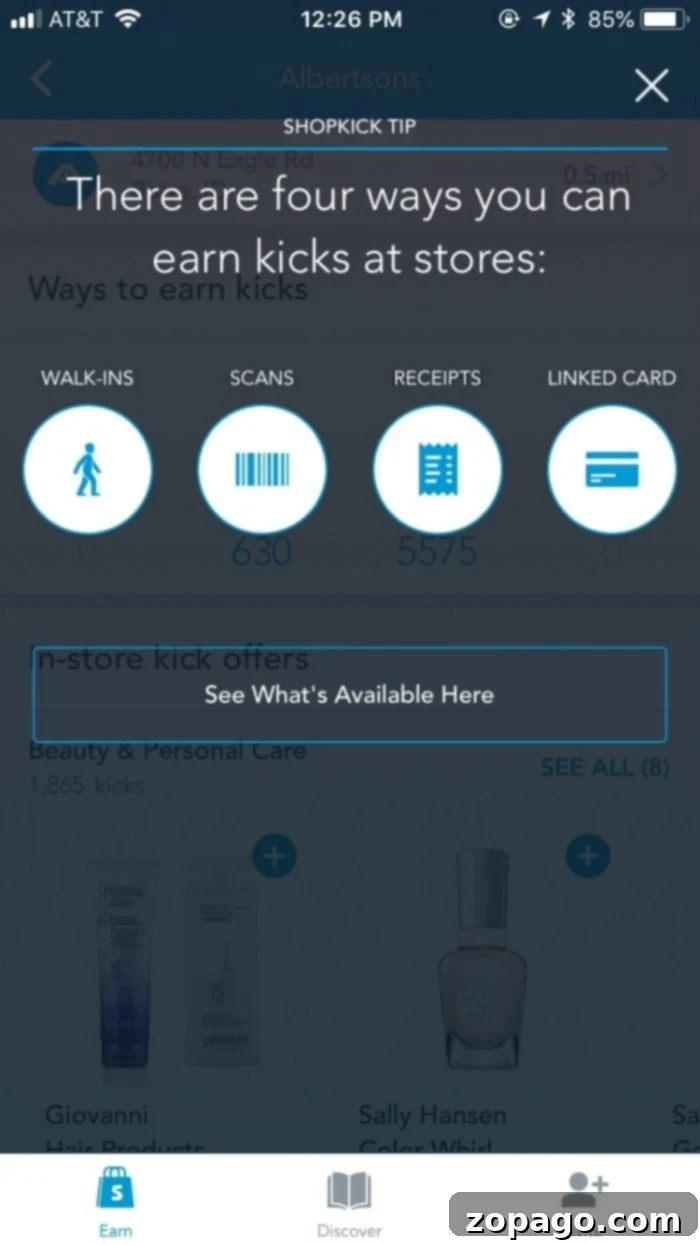 Discover Shopkick: Earn Free Gift Cards by Shopping, Scanning, and Walking In Stores. #shopkick #freegiftcards #rewardsapp Shopkick App user interface showing how to earn rewards for shopping