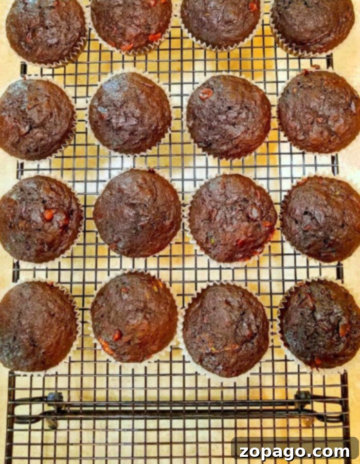 Decadent Zucchini Chocolate Banana Muffins 2 Delicious Zucchini Chocolate Banana Muffins cooling on a rack