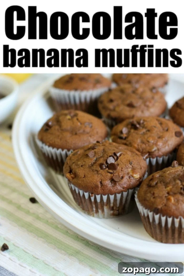 Decadent Zucchini Chocolate Banana Muffins 7 A plate of delightful chocolate banana muffins sits on a striped cloth, with the inviting text "Chocolate Banana Muffins" above.