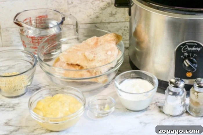 crockpot chicken recipe: A large slow cooker filled with creamy chicken and gravy, ready for shredding.