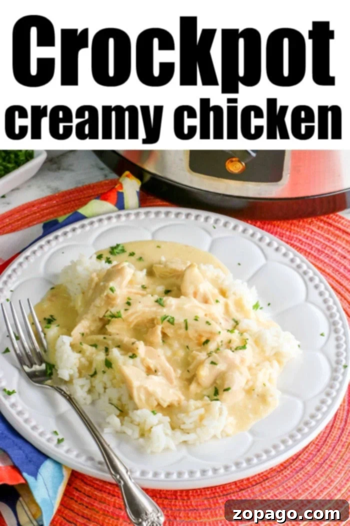 Creamy Slow Cooker Chicken and Gravy is perfect served on top of rice or pasta for dinner! Warm shredded chicken and gravy in your slow cooker for the win. Creamy Slow Cooker Chicken served with rice and garnished with fresh herbs.