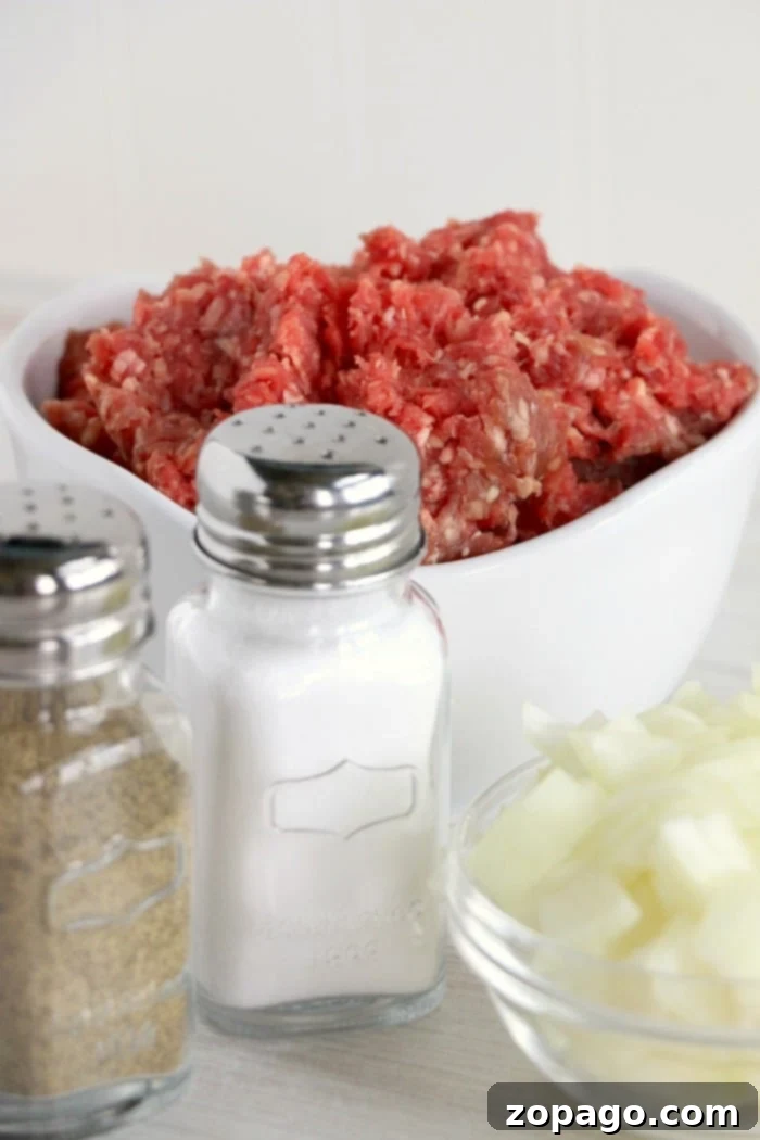 Flavorful Crockpot Ground Beef 3 Ground crockpot beef sits invitingly in a bowl, surrounded by salt, pepper shakers, and freshly chopped onions on a pristine white surface.