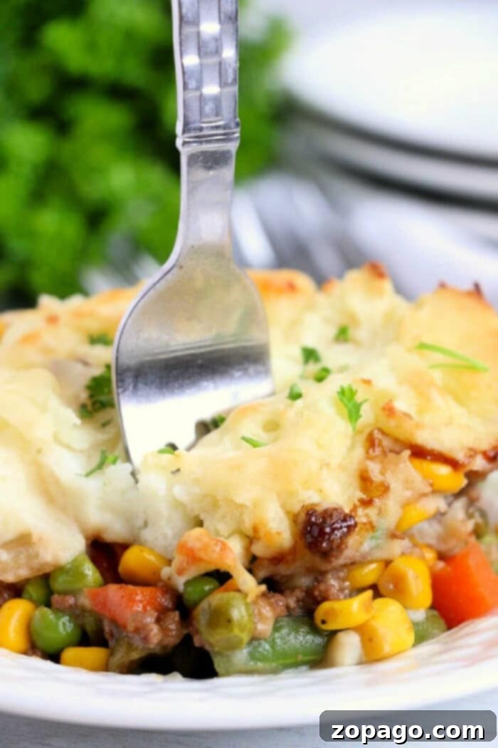 Hearty Beef Shepherd's Pie 2 Delicious easy Shepherd's Pie with ground beef and fluffy mashed potato topping, served fresh from the oven.