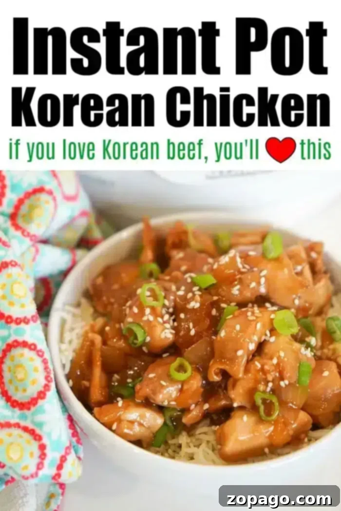 Easy Instant Pot Korean Chicken 8 A bowl of Instant Pot Korean chicken garnished with green onions and sesame seeds sits on a patterned cloth. The text above the image reads,