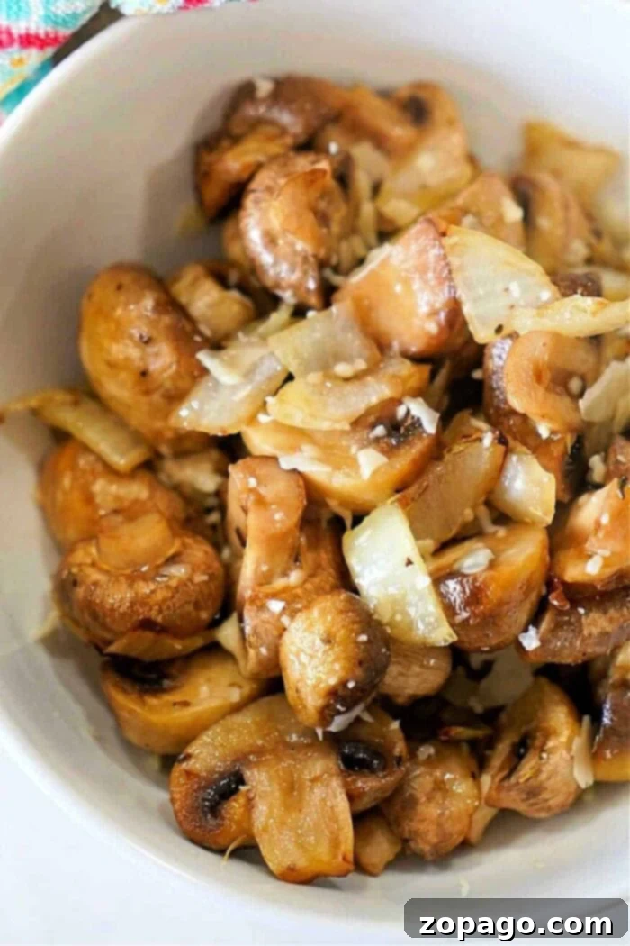 Crispy Air Fried Mushrooms 2 Air Fryer Mushrooms and Onions, golden brown and perfectly cooked