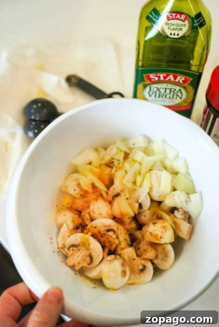 Crispy Air Fried Mushrooms 5 Air fryer mushrooms and onions, seasoned and ready to eat