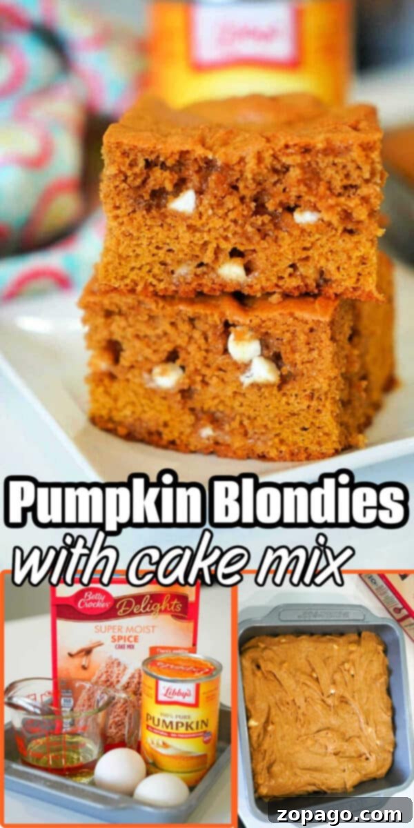 Golden Harvest Pumpkin Bars 6 Two pumpkin blondies stacked, surrounded by ingredients like cake mix, pumpkin, eggs, and a pan of batter ready to bake.
