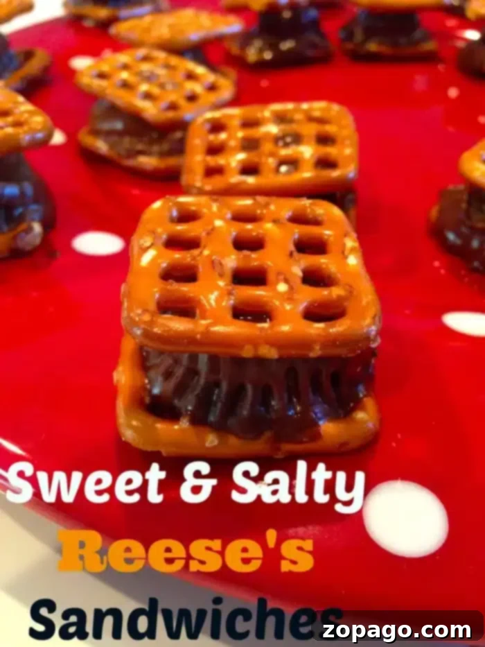 Stacked Reese's Pretzel Bites, showcasing the perfect sandwich of chocolate and pretzel.
