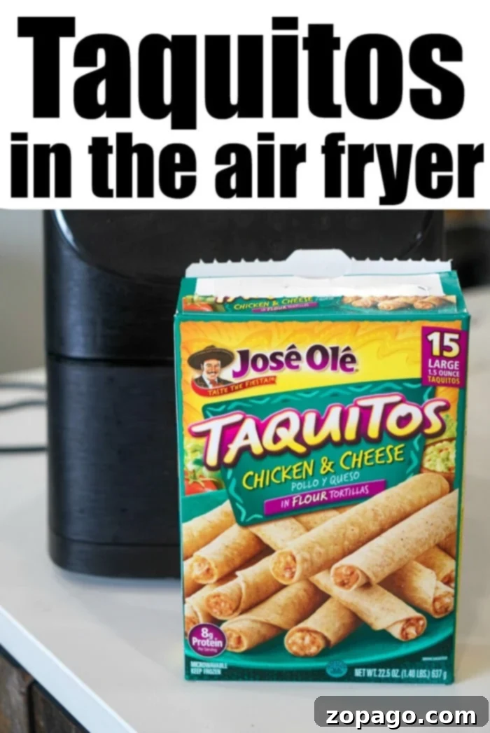 Crispy Air Fryer Frozen Taquitos 9 Box of José Olé Chicken & Cheese Taquitos on a counter with an air fryer ready to go in the background. This box of frozen taquitos boasts 15 large taquitos made with flour tortillas, perfect for crisping up in the air fryer.