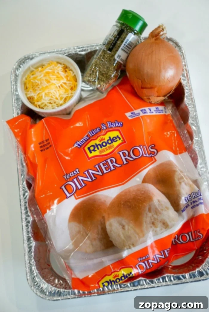 Smoky Traeger Pull-Apart Loaf 4 A bag of Rhodes Bake-N-Serv frozen dinner rolls, highlighting the key ingredient for this recipe.