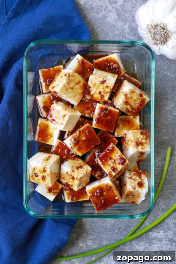 Flavorful Crispy Air Fryer Tofu 4 Tofu cubes marinating in a rich, dark Asian sauce in a shallow dish, ready for the air fryer.