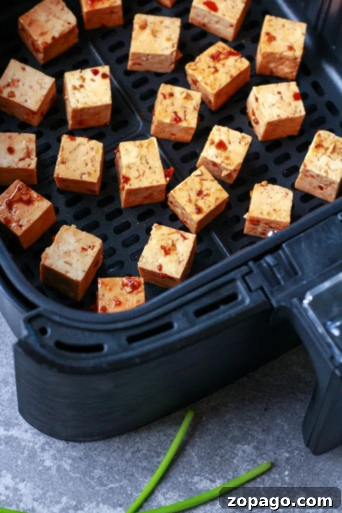 Flavorful Crispy Air Fryer Tofu 8 Crispy tofu in air fryer, golden brown and perfectly textured, ready to be served.