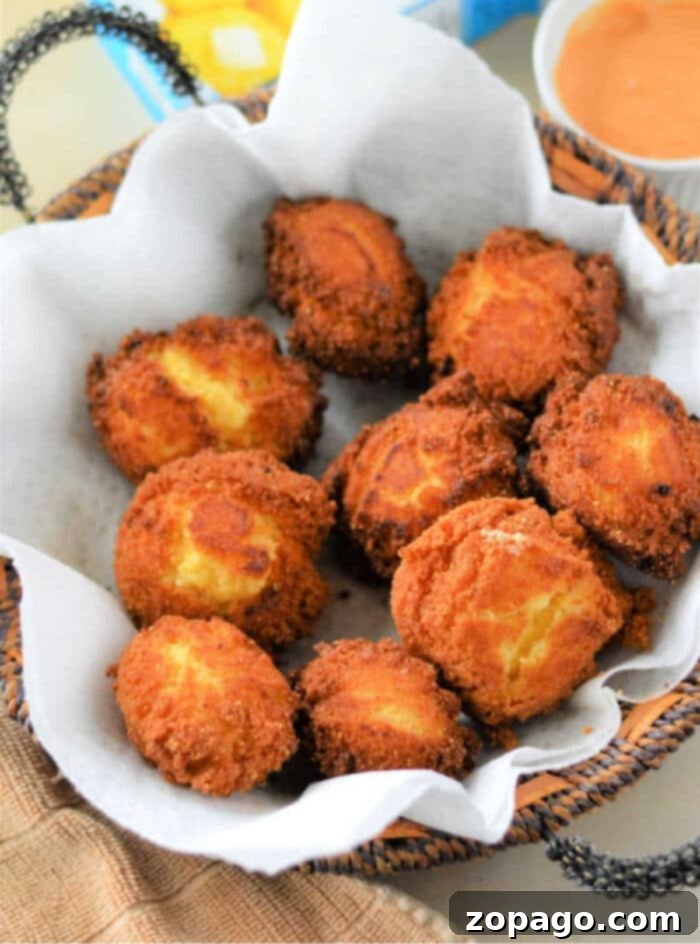 Crispy Air Fryer Hush Puppies 10 A large serving of golden brown, crispy air fryer hush puppies