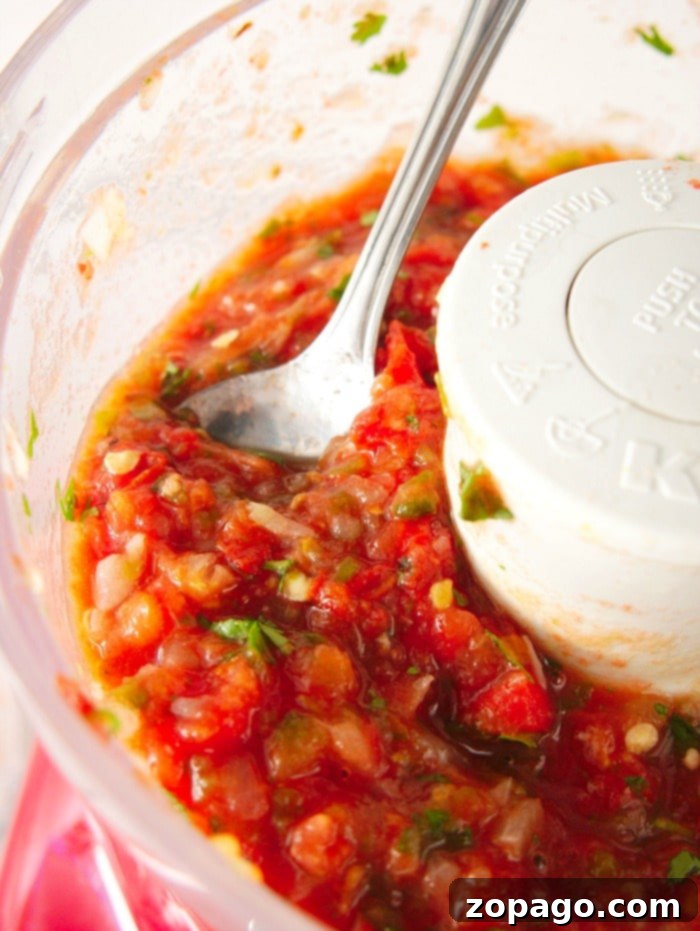 Air Fryer Roasted Tomatoes 10 A vibrant bowl of freshly made homemade salsa, featuring the rich color and chunky texture achieved with air fryer roasted tomatoes, garnished with fresh cilantro.