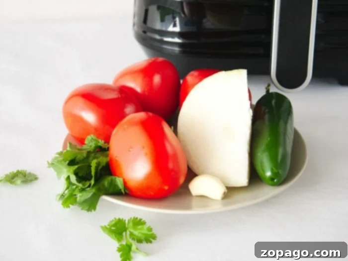 Air Fryer Roasted Tomatoes 4 A close-up of air fryer roasted tomatoes with vibrant colors, showcasing their readiness for salsa preparation.