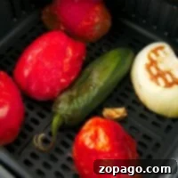 Learn how to roast tomatoes, jalapeños, onions, and garlic cloves effortlessly in an air fryer basket.