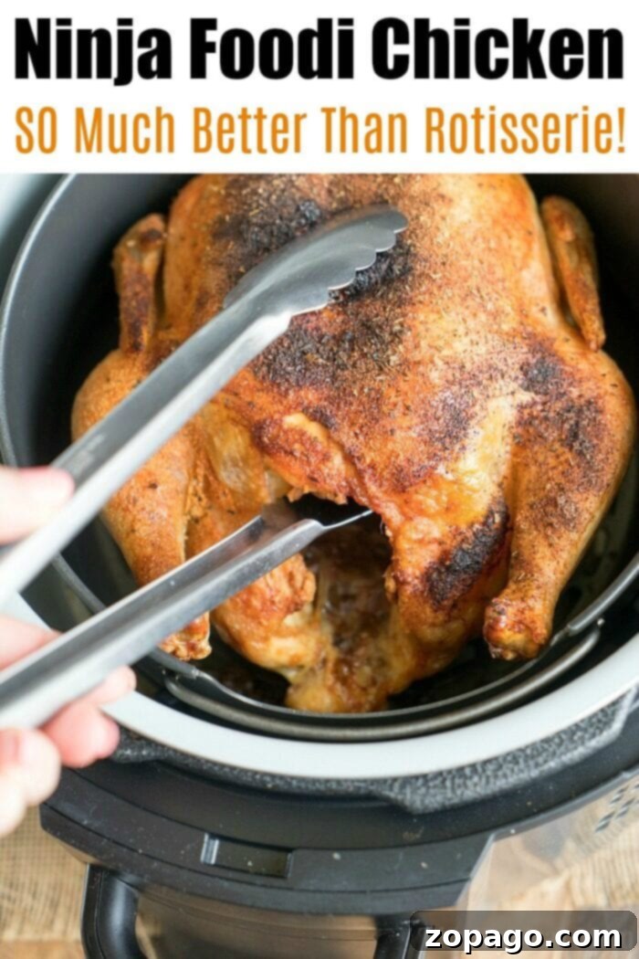 The Ultimate Free Ninja Foodi Recipe Guide 8 A perfectly cooked, golden-brown Ninja Foodi whole chicken, ready to be carved and served.
