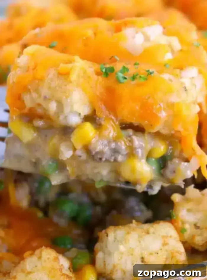 A fork holds a piece of potato tot casserole with ground beef, revealing layers of savory ground beef, mixed vegetables, and melted cheddar cheese. This dish delights with corn, peas, and cheese-topped tater tots, all garnished with a sprinkle of parsley.