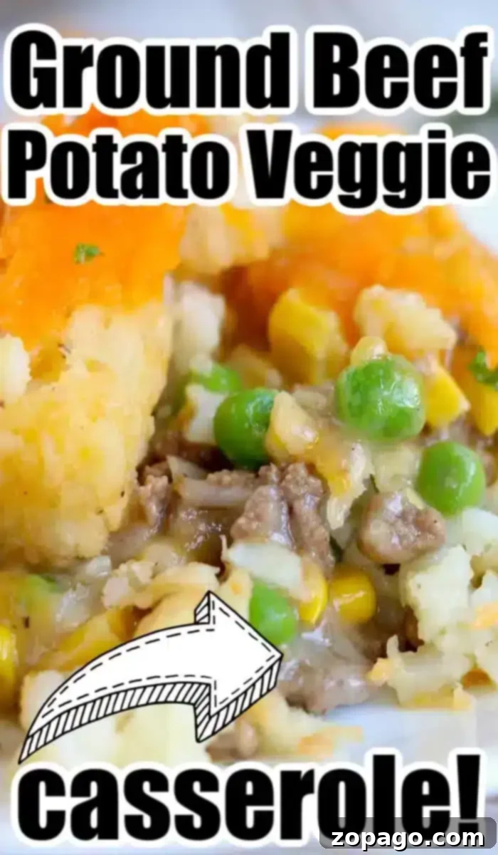 Hearty Ground Beef Tater Tot Casserole 6 Close-up of a potato tot casserole dish featuring ground beef, potatoes, peas, corn, and cheese. Text overlays state, "Ground Beef Potato Veggie Casserole!" with an arrow pointing to the dish.