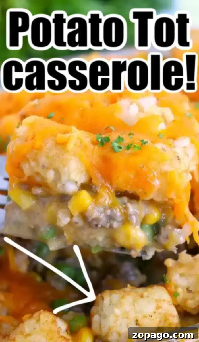 A close-up of a potato tot casserole with a portion lifted by a spatula. The dish showcases golden potato tots, melted cheese, ground beef, corn, peas, and a creamy filling. Text above reads, "Potato Tot Casserole delight!