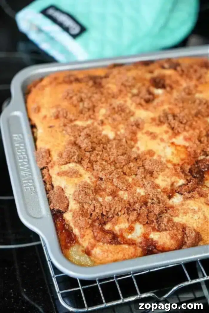Effortless 3 Ingredient Dump Cake 2 A 3 ingredient dump cake with a crumbly brown sugar topping sits in a rectangular metal baking pan on a cooling rack. A turquoise oven mitt is visible in the background.