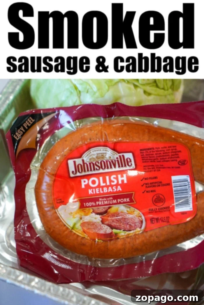 Hearty Smoked Sausage and Cabbage 3 Delicious smoked sausage slices ready for a hearty meal.