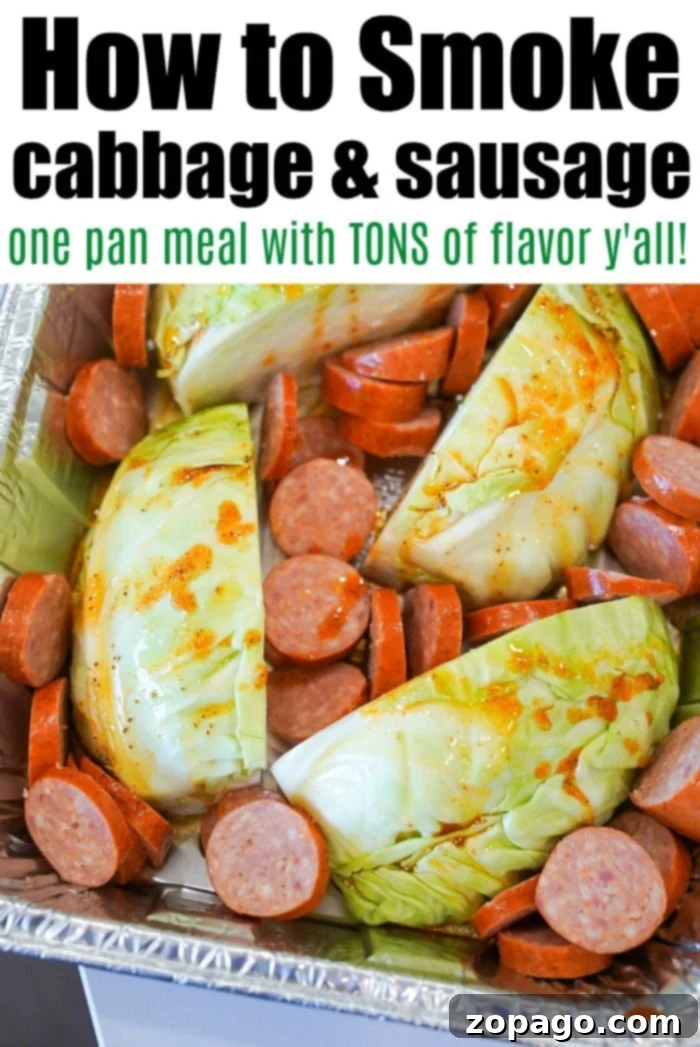 Hearty Smoked Sausage and Cabbage 8 Chopped cabbage and smoked sausage slices rest in a foil tray, seasoned to perfection and ready for smoking. Text reads: How to smoke cabbage & sausage, one-pan meal with TONS of flavor y'all!