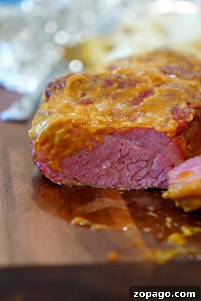 Slow Smoked Corned Beef 2 Smoked corned beef brisket, perfectly cooked and glistening with a mustard glaze