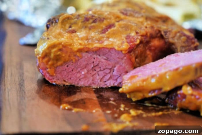 Slow Smoked Corned Beef 8 Perfectly sliced Traeger corned beef showcasing its beautiful pink interior and a crusty mustard glaze, resting on a wooden board.