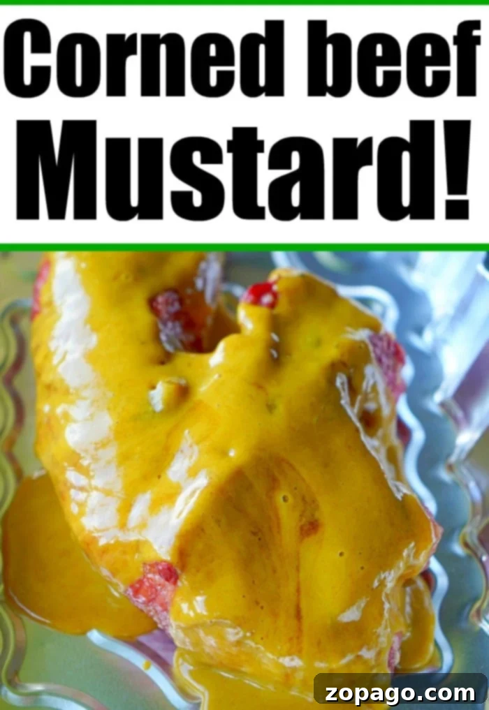 Elevating Corned Beef with Mustard 8 Close-up of corned beef slices with a dollop of mustard sauce on top.